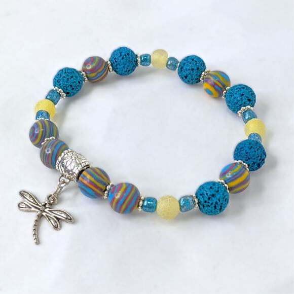 Artisan Dragonfly Charm Beaded Bracelet Colorful Jasper Diffuser Lava Rocks NEW - Picture 1 of 12